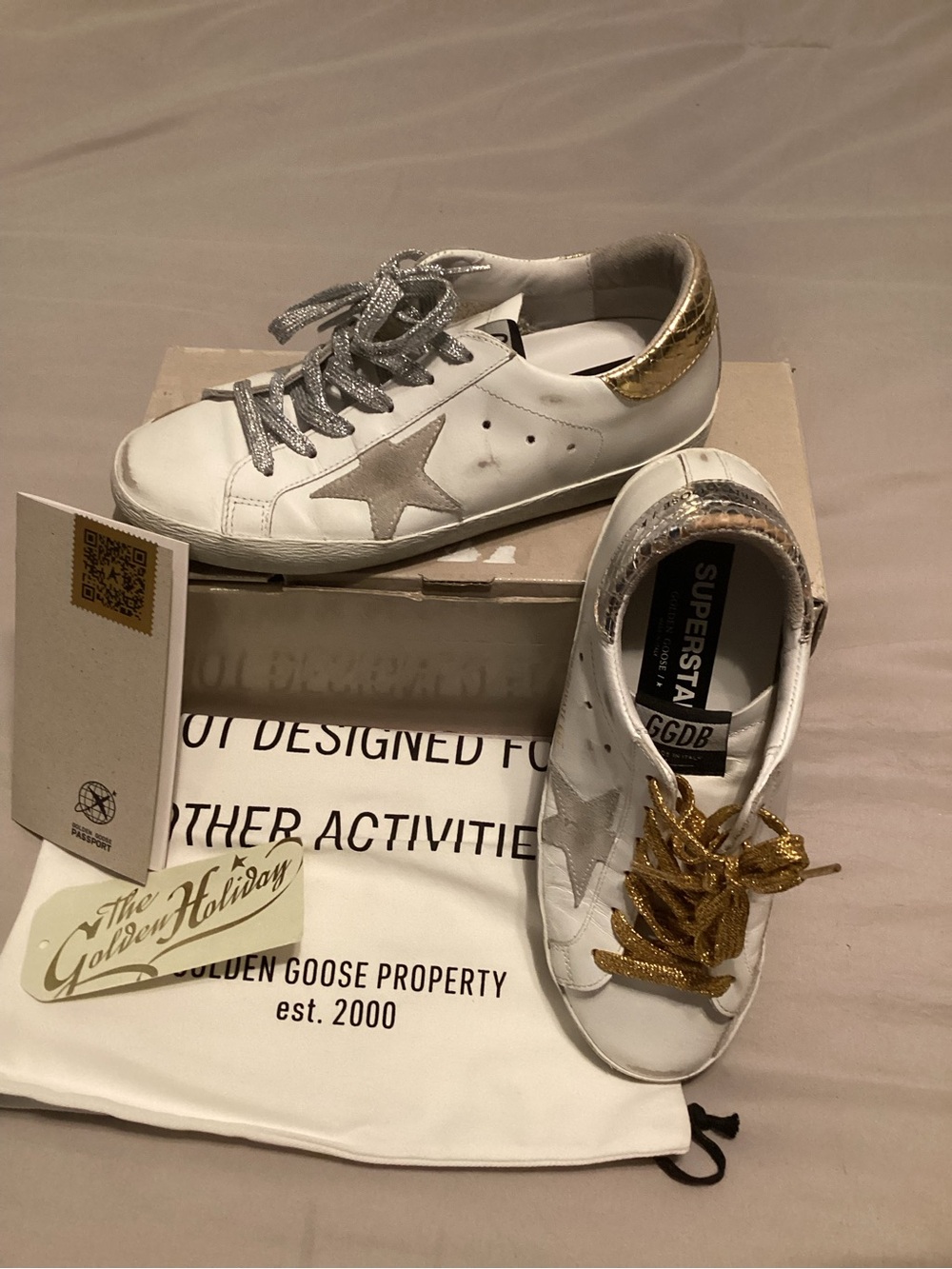 Golden Goose White Leather SneakersSilver Star and One Gold & One Silver Heel